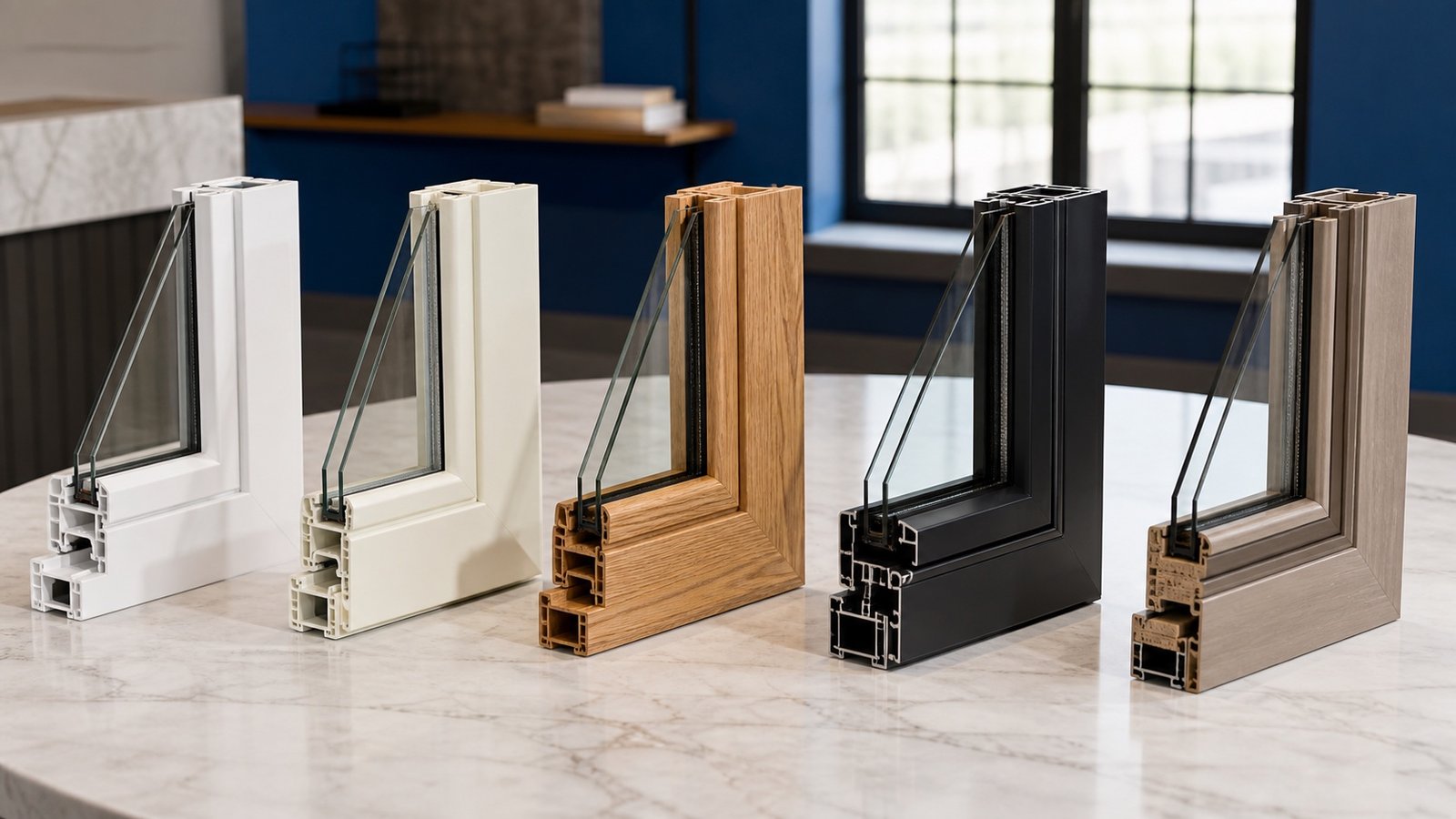 Window frame material samples including vinyl fiberglass wood aluminum and composite