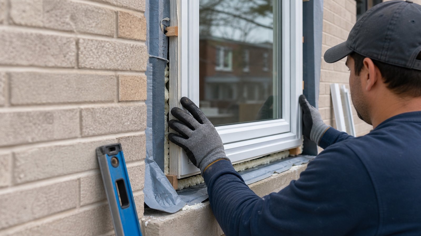 Contractor setting a replacement window with flashing and air sealing detail