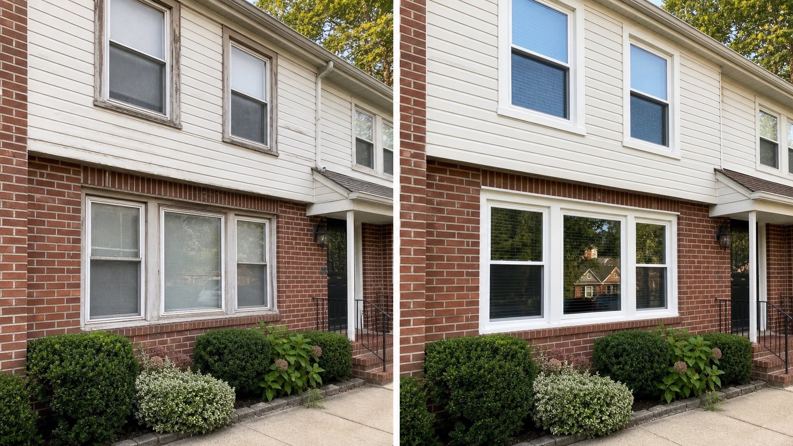 Before and after window replacement with clean white frames on a brick home