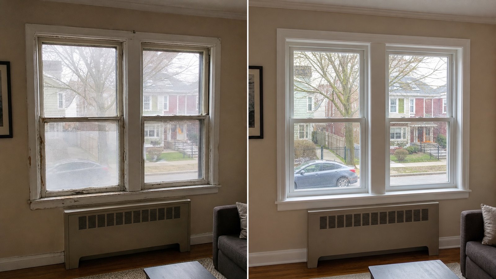 BluRock Services Windows before and after Interior Living Room Queens Ny project in Queens, NY.