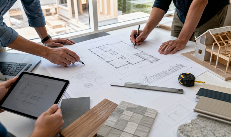 Architectural drawings and material samples reviewed for a home addition or renovation