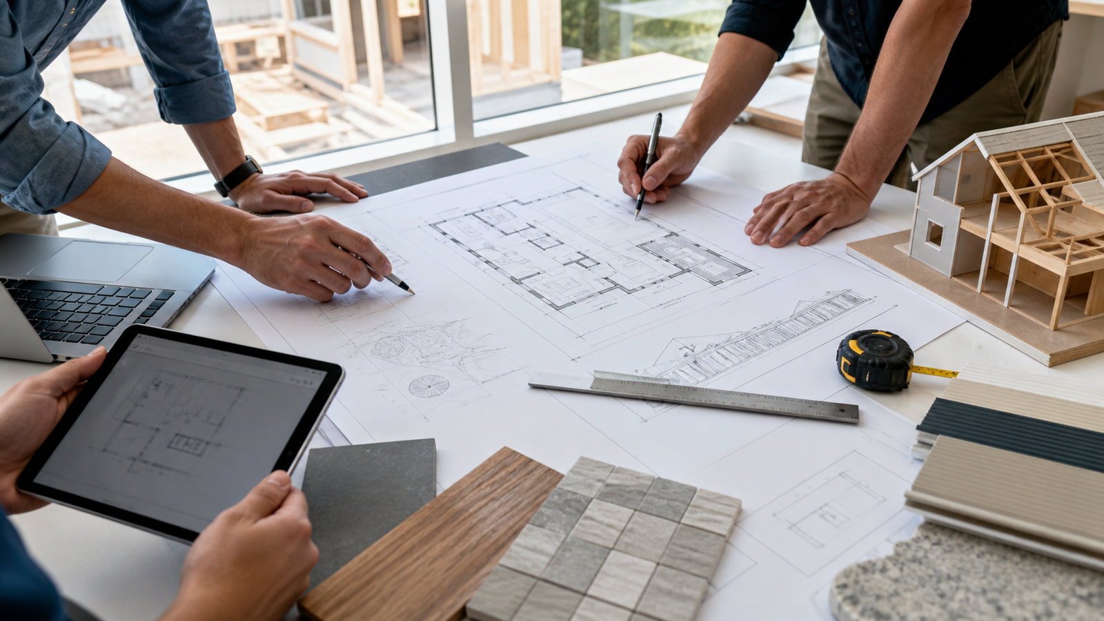 Architectural drawings and material samples reviewed for a home addition or renovation