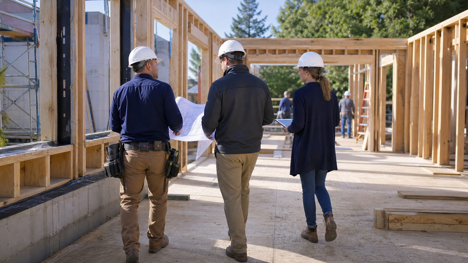 Project team walking a framed addition with plans and tablet during construction administration