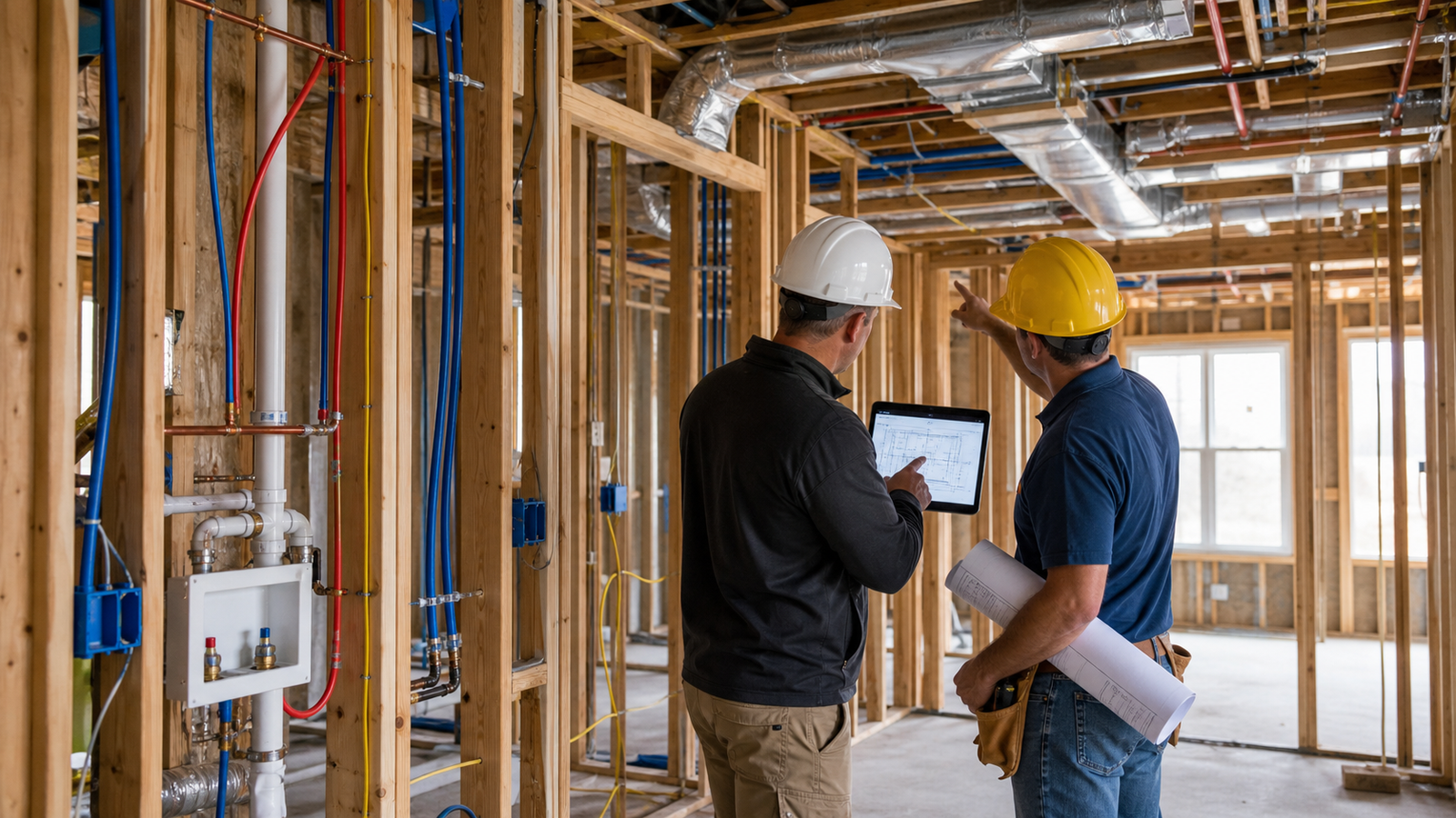 Contractor reviewing plumbing electrical and HVAC rough-ins with plans before walls are closed