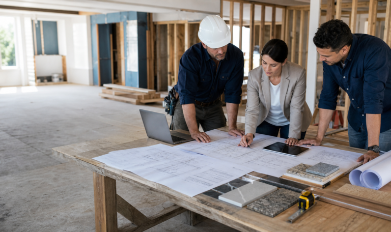 Design and construction team reviewing architecture and engineering plans at a renovation site