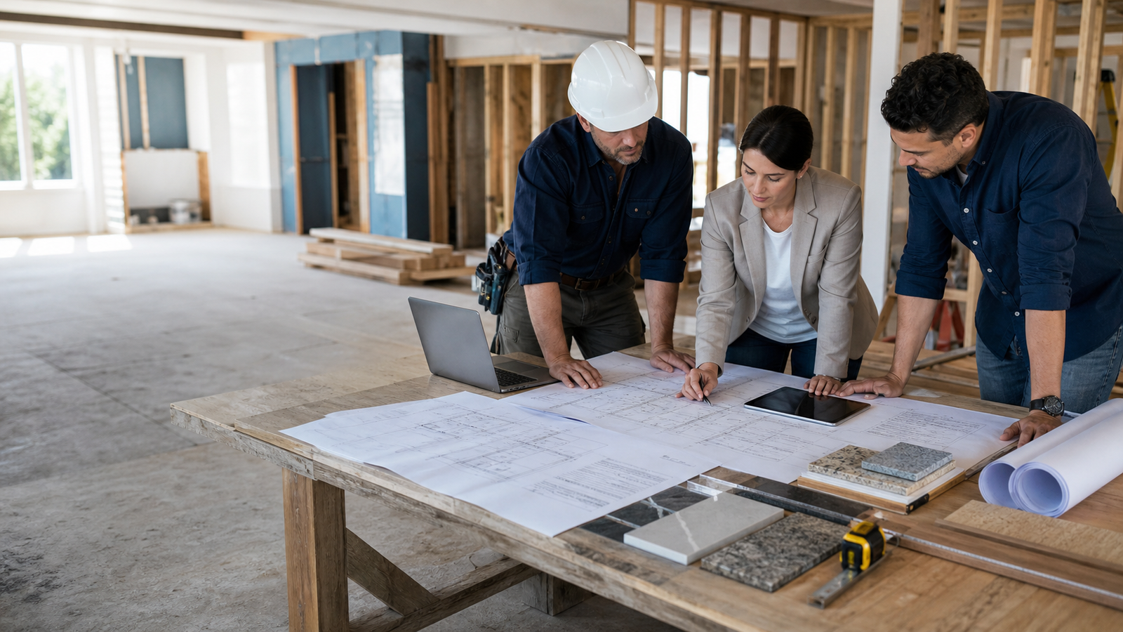 Design and construction team reviewing architecture and engineering plans at a renovation site