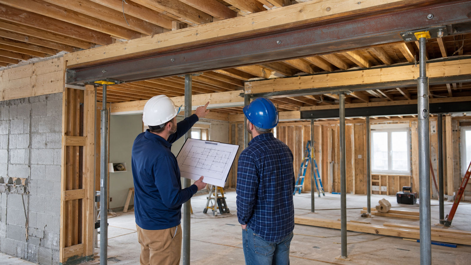 Structural engineer and contractor reviewing beams and open framing during a renovation