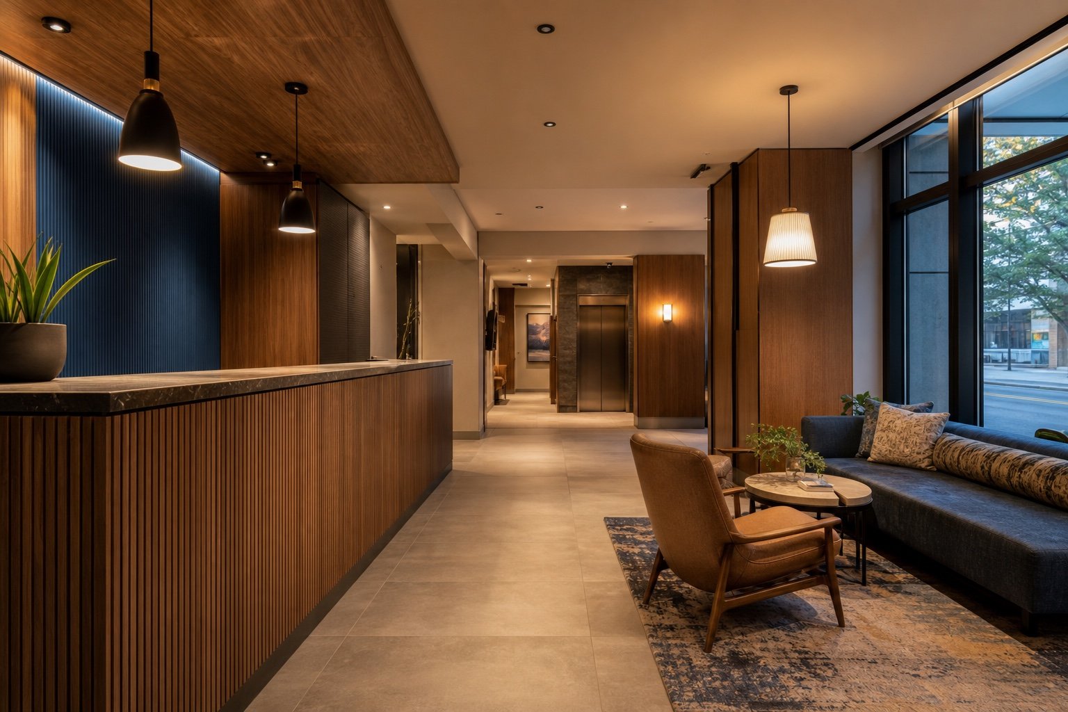 Renovated Queens boutique hotel lobby with reception millwork, seating, and clear circulation