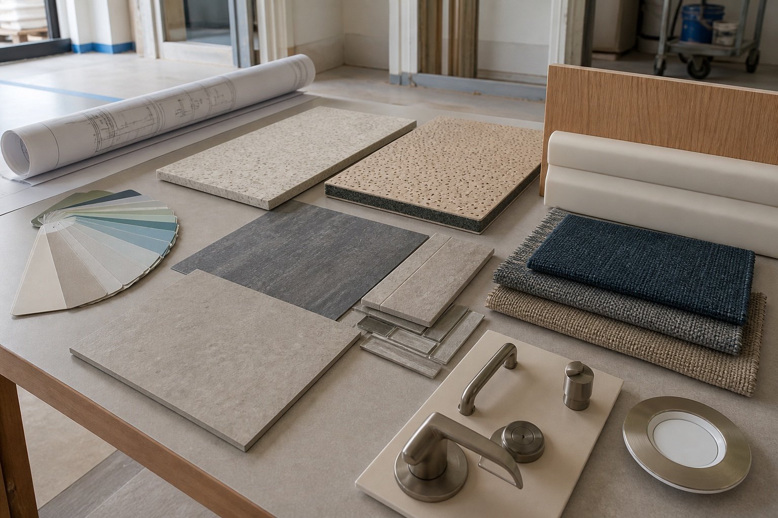 Commercial flooring, tile, acoustic, upholstery, hardware, and finish samples for a renovation