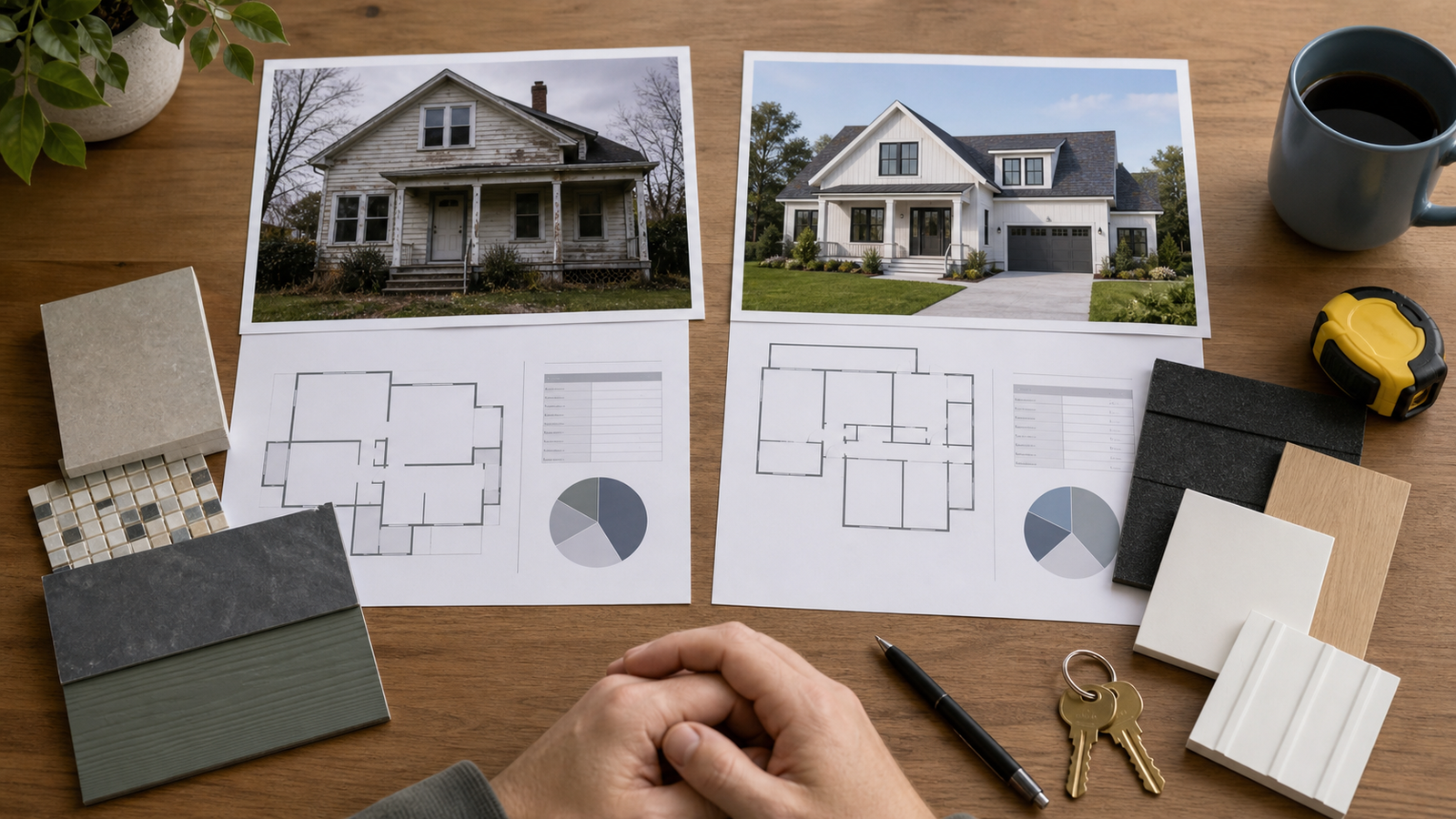 Before and after renovation plans reviewed with material samples for feasibility planning