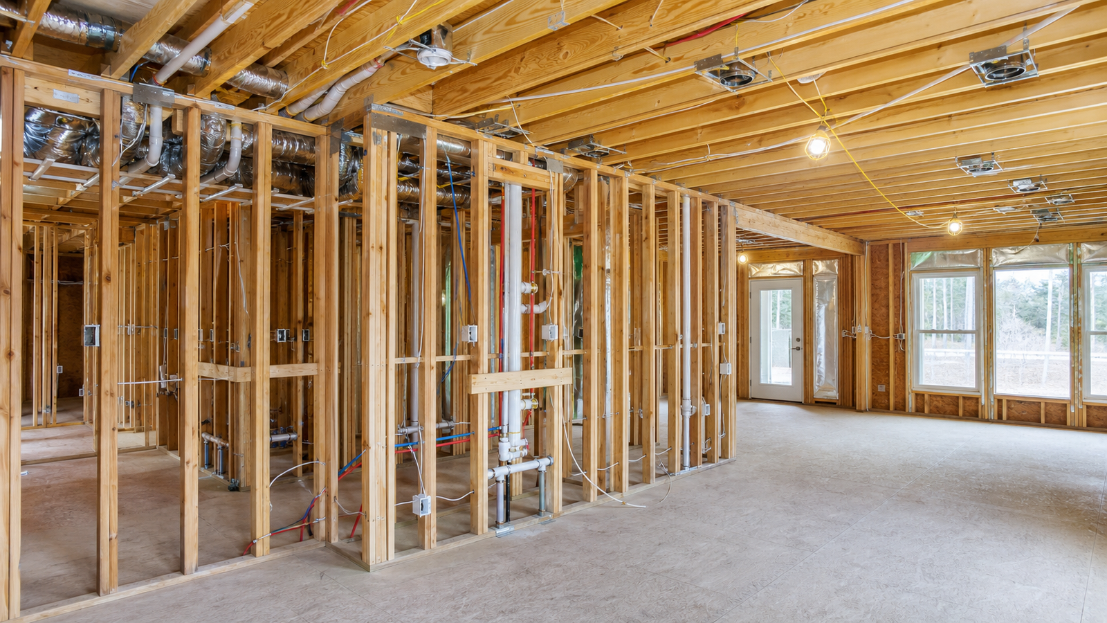 Framed interior with plumbing electrical and mechanical rough-ins ready for coordination review