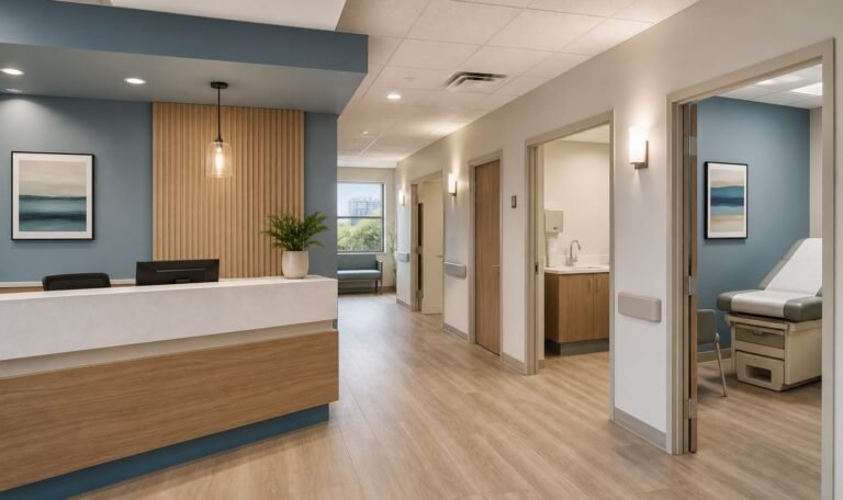 Renovated Queens healthcare clinic with reception desk, exam rooms, and clear circulation