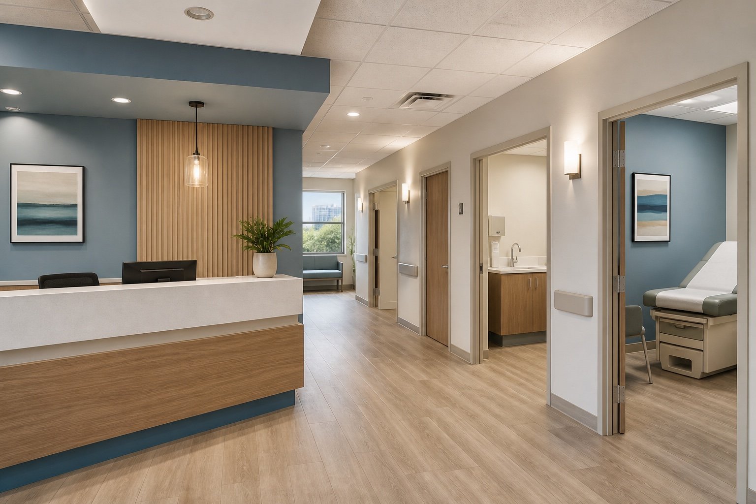 Renovated Queens healthcare clinic with reception desk, exam rooms, and clear circulation