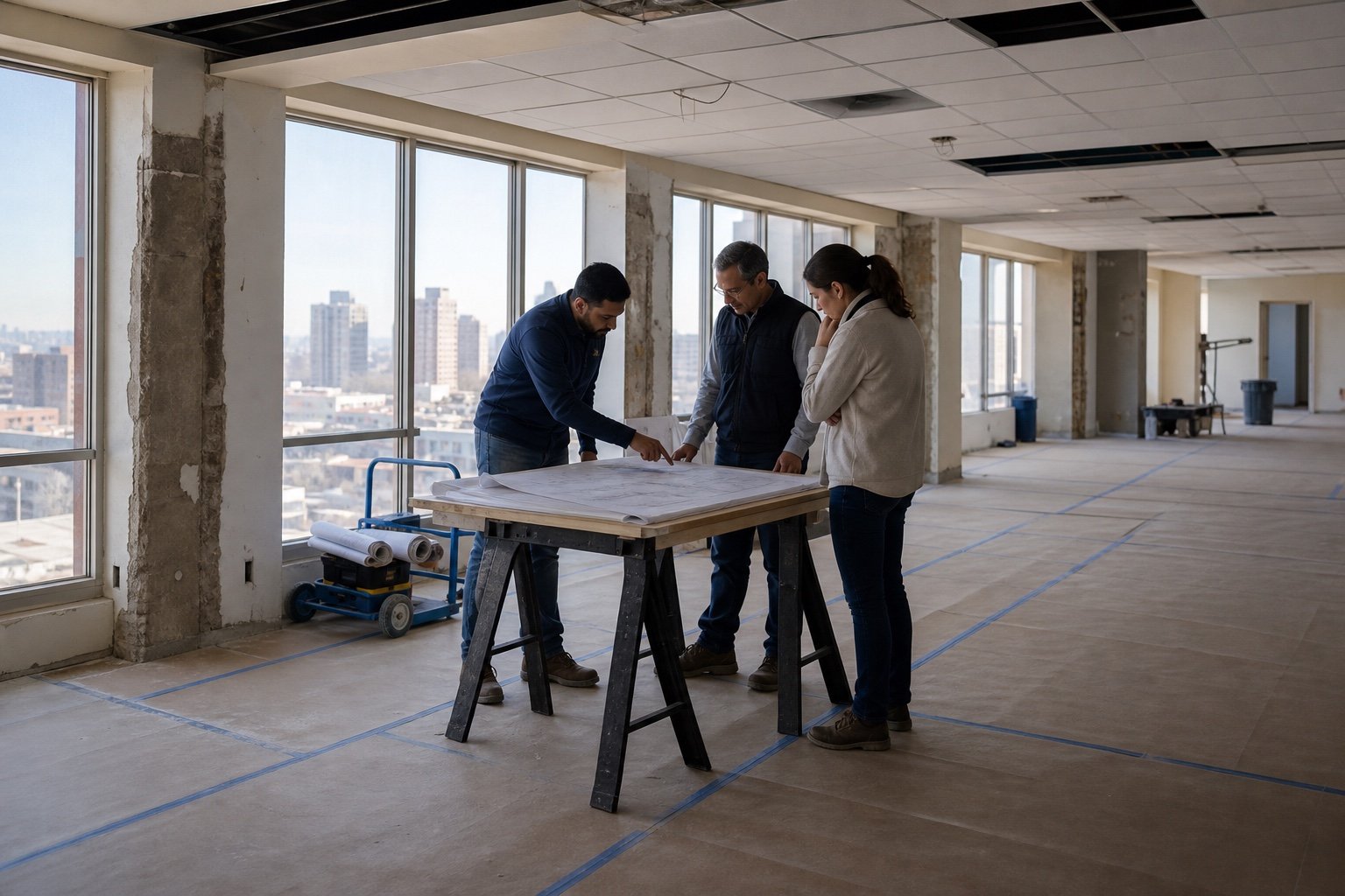 Contractor, owner, and design professionals reviewing renovation plans in a Queens commercial space