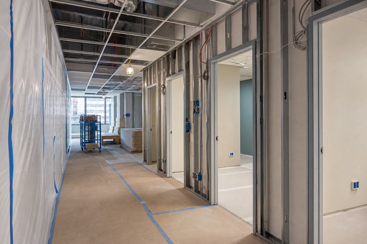 Queens healthcare interior renovation in progress with framed rooms, ceiling work, and protected access