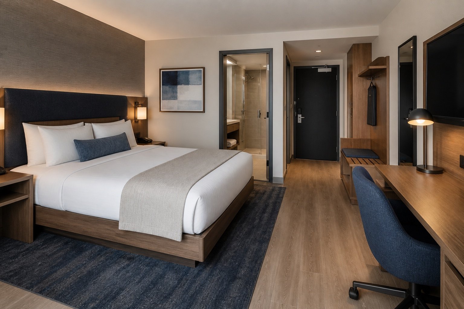 Renovated Queens hotel guest room with durable finishes, work area, bathroom, and clear circulation