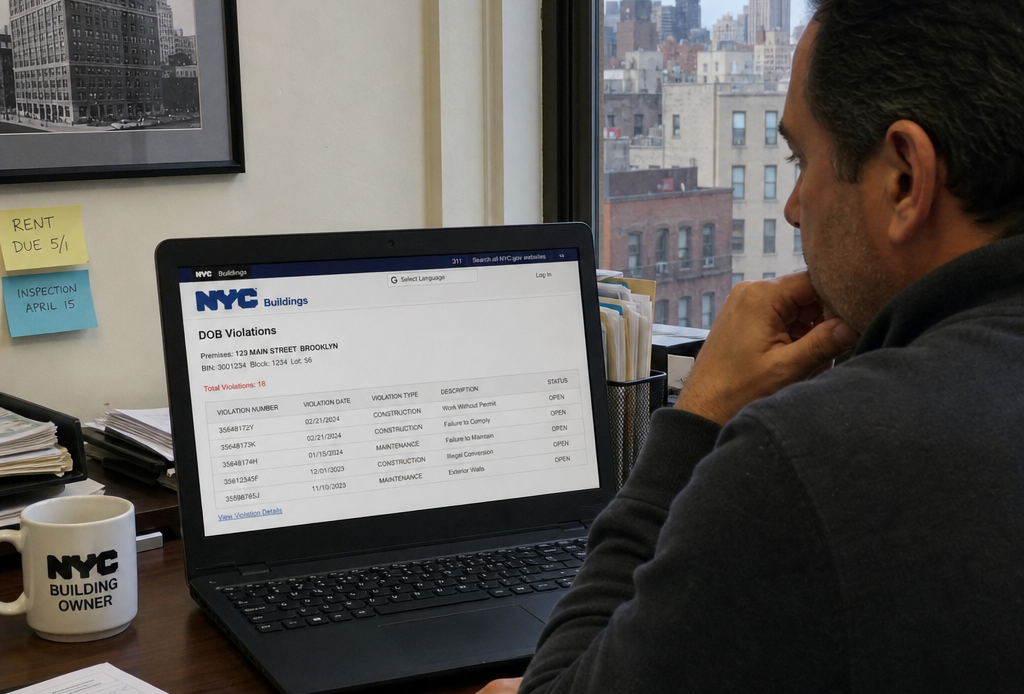 Illustration of a NYC property owner reviewing DOB violation records on a laptop