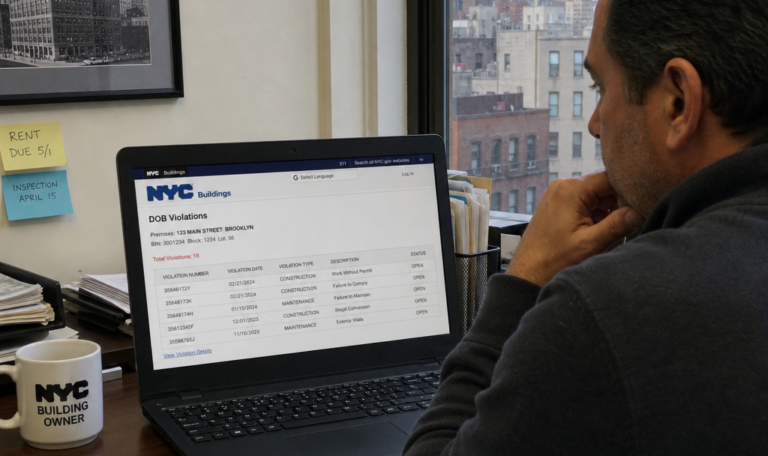 Illustration of a NYC property owner reviewing DOB violation records on a laptop