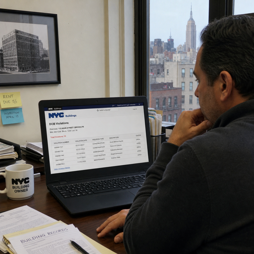 Illustration of a NYC property owner reviewing DOB violation records