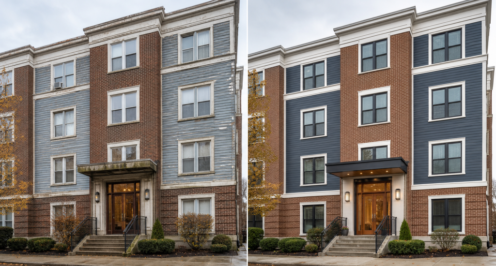 Before and after co-op building facade restoration with updated windows siding and entry