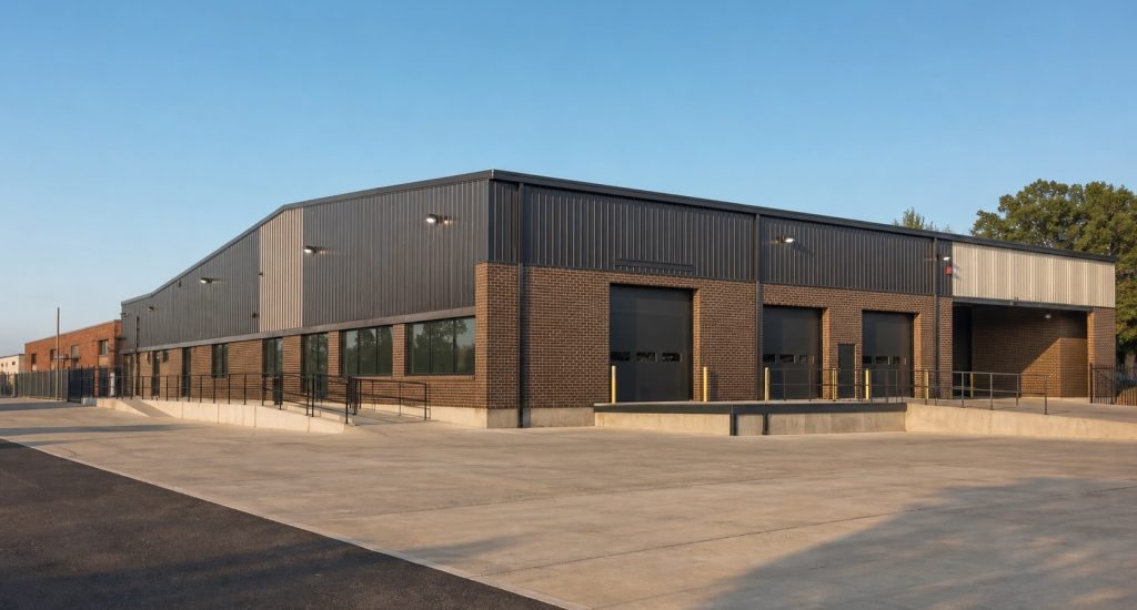 Completed Queens industrial warehouse renovation with loading bays and modern exterior systems