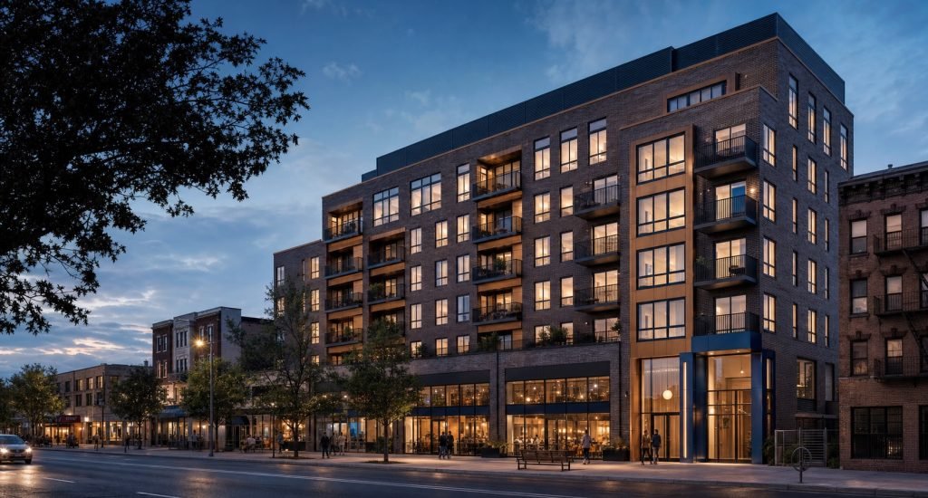 Completed Queens mixed-use building with ground-floor storefronts and apartments above