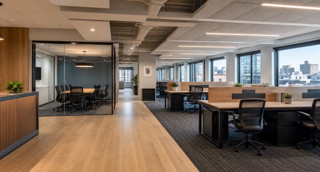 Open office renovation with workstations and conference room for Queens commercial planning
