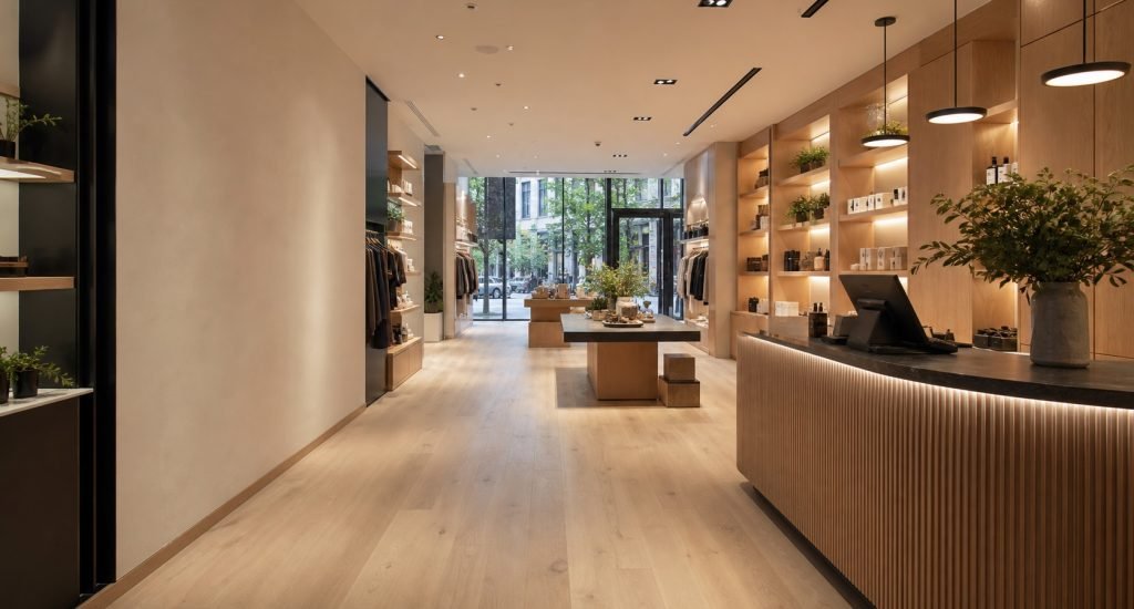 Finished Queens retail renovation with custom displays, warm lighting, and a checkout counter